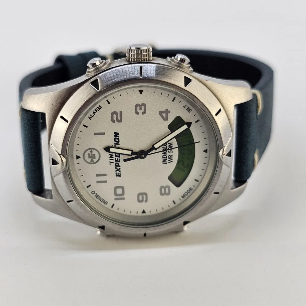 VTG Timex Expedition Ana-Dig Men's Watch 38MM NEW Blue Leather Bands NEW Battery
